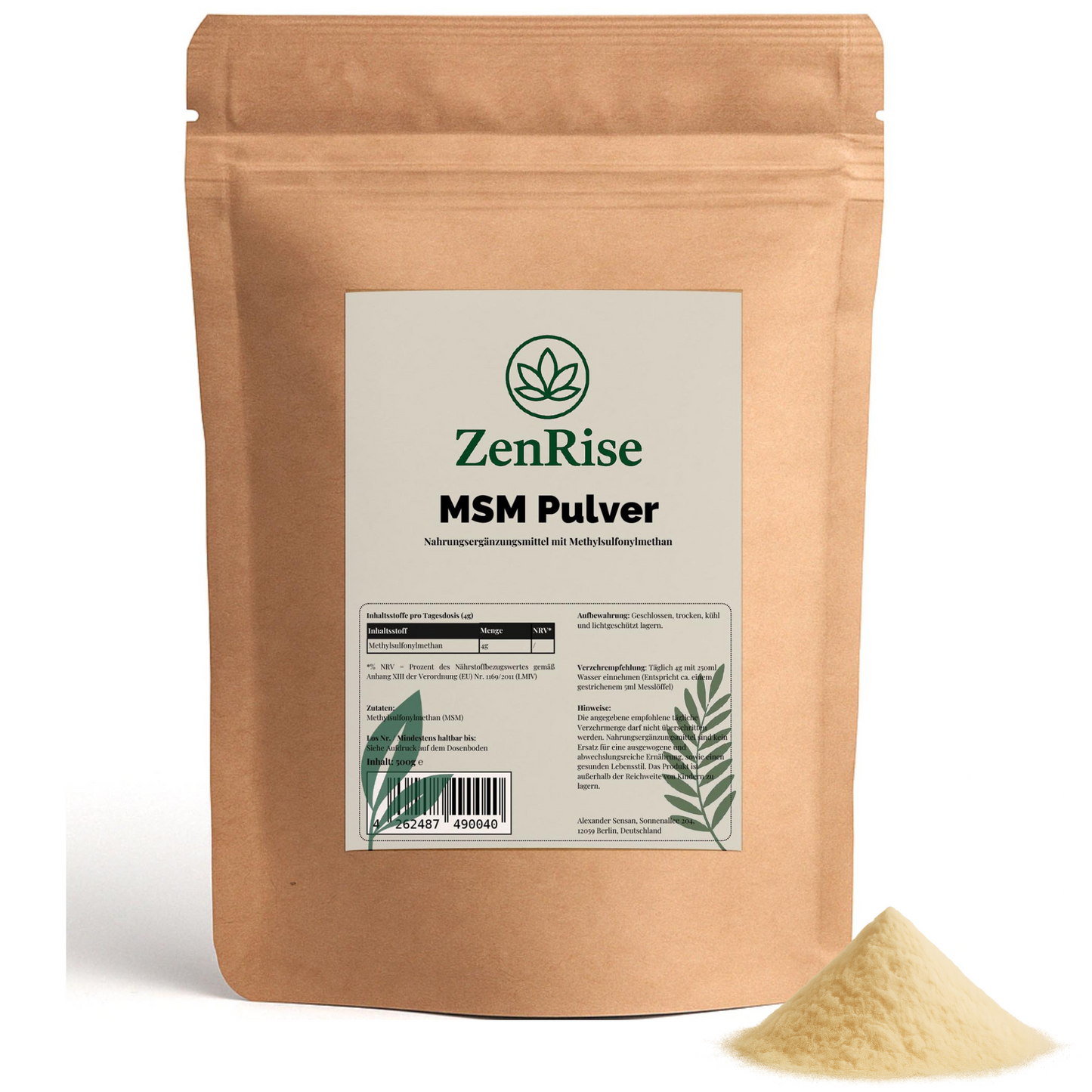 ZenRise MSM Pulver – 500 g | 100 % Methylsulfonylmethan für Gelenke, Haut & Immunsystem